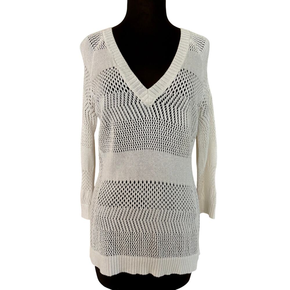Cache White Peek-a-boo Crochet Stretch Knit V Neck Banded Bottom Open Back Top